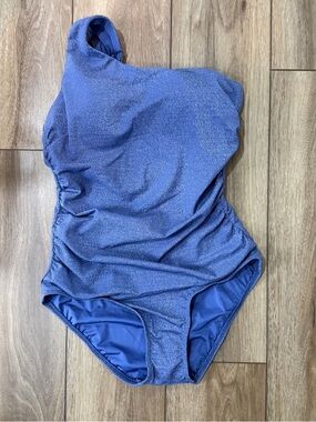 Lands' End Shimmery One-Shoulder Blue Girls One-Piece